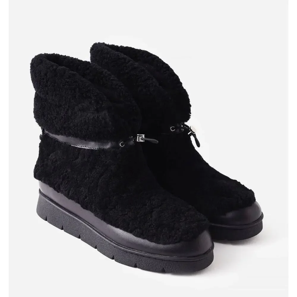 Marc Fisher Kamryn Black Genuine Shearling Platform Booties Size 6 Après Ski